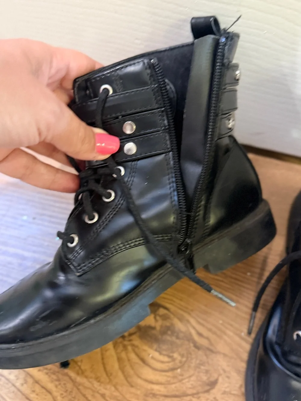 Black Girl's Lace-Up Combat Boots with Star-Accent Strap
